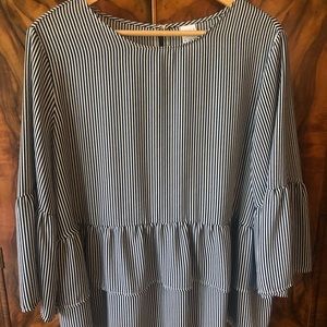 Navy striped double ruffle hem and bell sleeve